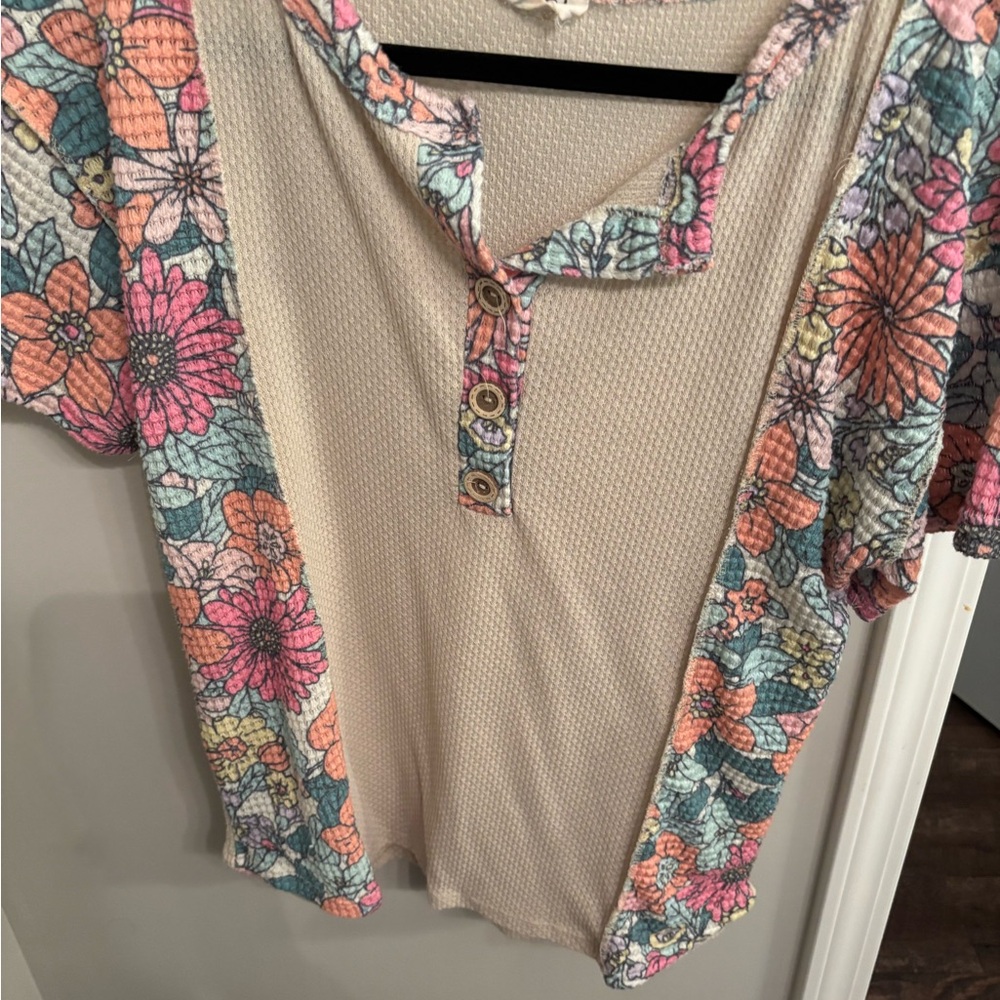 BiBi Beige Button-Down Top with Multicolor Floral Trim